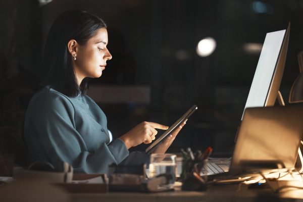 laptop-computer-or-business-woman-on-tablet-at-ni-2023-11-27-05-33-32-utc Laptop, computer or business woman on tablet at night in office for research, cloud computing or pl.